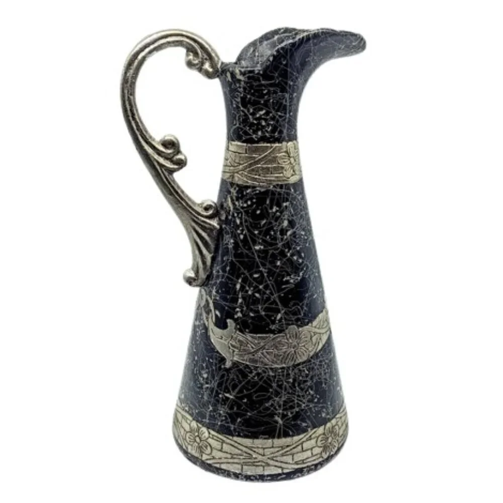 Vintage Black Ceramic Silver Metallic Tall Pitcher Vase
